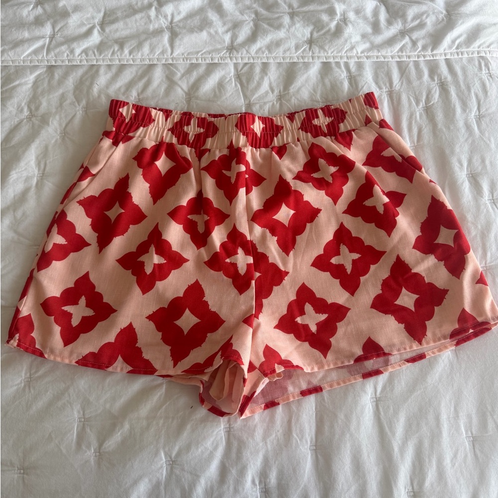 Vici Pink and Red Geometric Elastic Waist Shorts